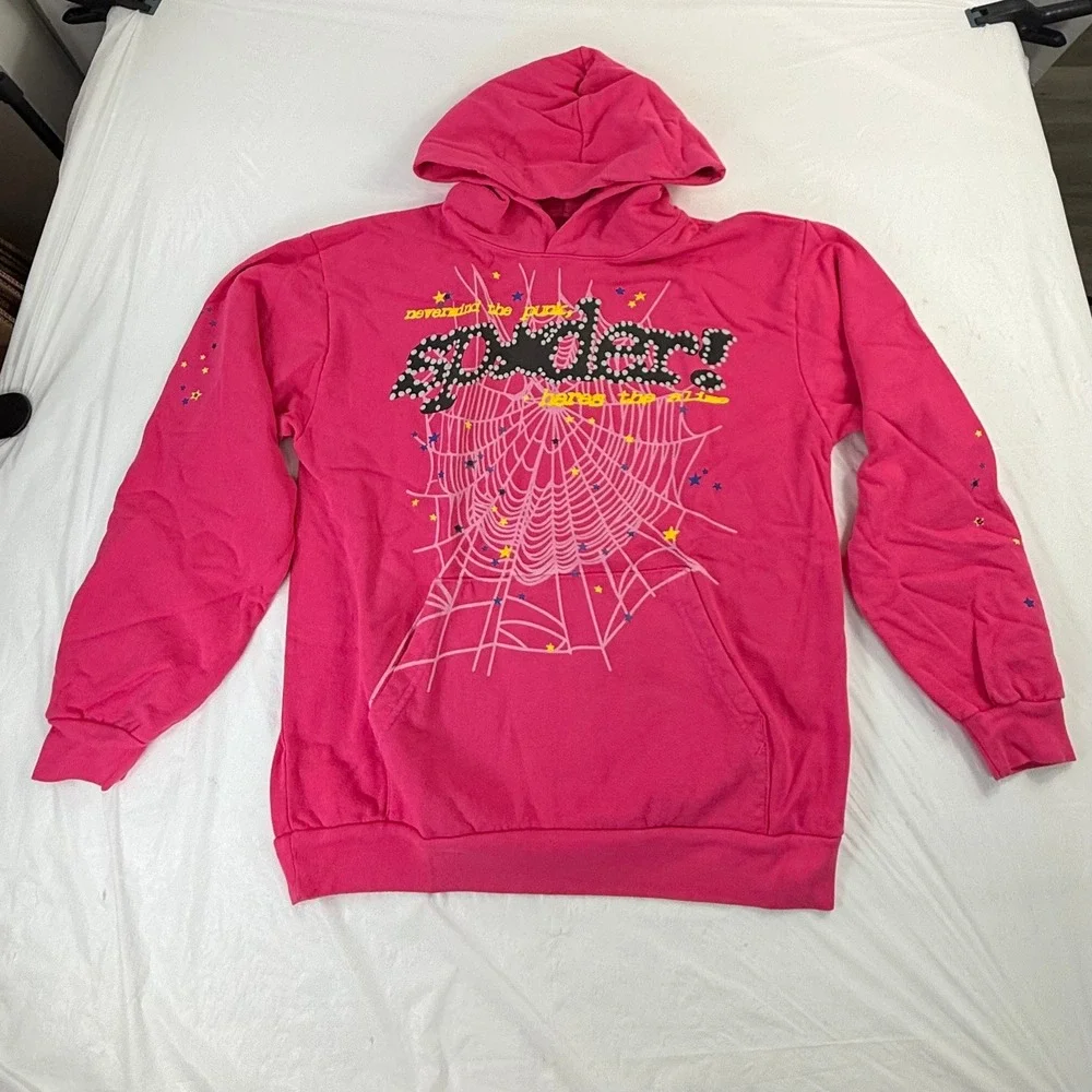 Sp5der Worldwide Pink Punk Hoodie Spider Web Star Graphic Large